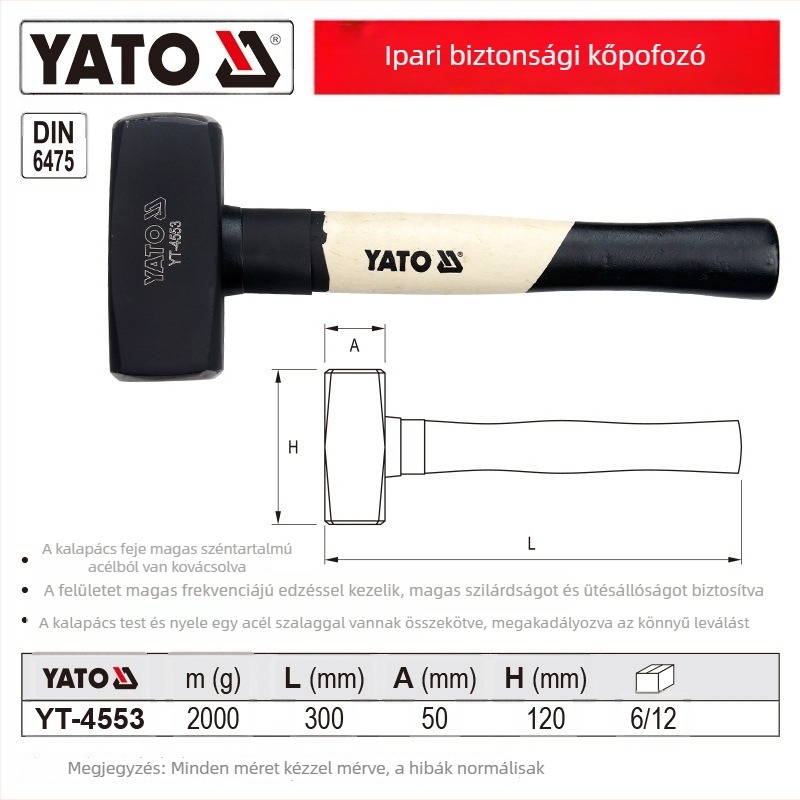 Yato Biztonságos Téglaépítő Kalapács – Nehéz Törőkalapács Fa Nyéllel, Feje Magas Széntartalmú Acélból, Négyzetes Fej, Robusztus Robbanás- és Ütésszilárd