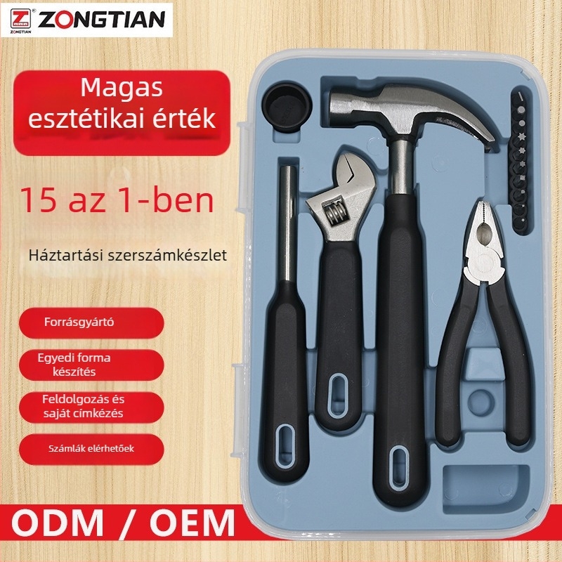 Háztartási szerszámkészlet, 15 darab, króm-vanádium acélból, többfunkciós háztartási javításokra