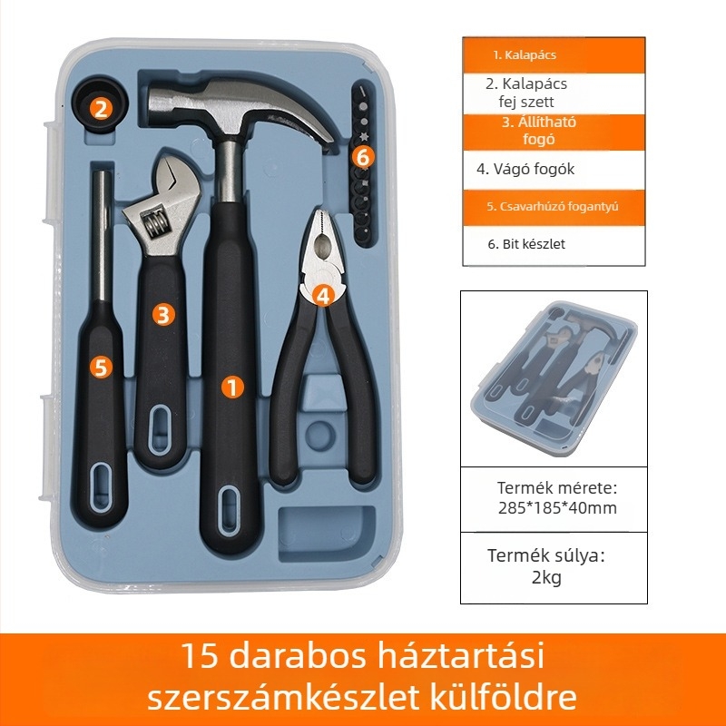 Háztartási szerszámkészlet, 15 darab, króm-vanádium acélból, többfunkciós háztartási javításokra