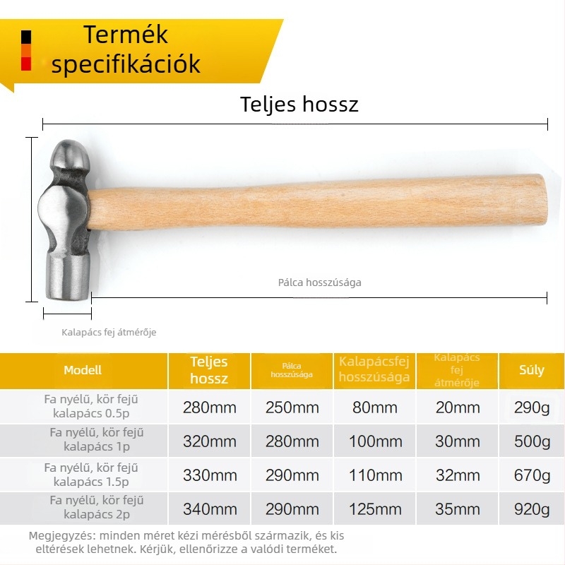Kerek fejű kalapács, magas széntartalmú acél fej; ütésálló; súly 0,32 kg; építésre, munkahelyre, háztartásra és vészhelyzetekre.