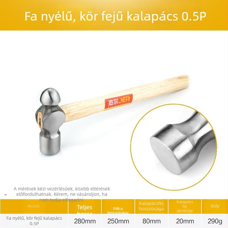 Kerek fejű kalapács, magas széntartalmú acél fej; ütésálló; súly 0,32 kg; építésre, munkahelyre, háztartásra és vészhelyzetekre.