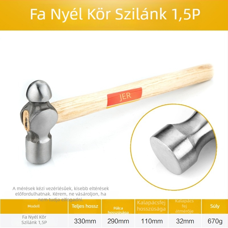 Kerek fejű kalapács, magas széntartalmú acél fej; ütésálló; súly 0,32 kg; építésre, munkahelyre, háztartásra és vészhelyzetekre.