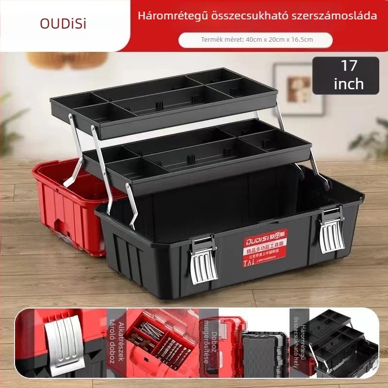 Otis háromrétegű összecsukható szerszámdoboz — műanyag eszköztartó, 80 kg teherbírás, PP vázas, háromszintes kialakítás, eredet: Linyi, Shandong