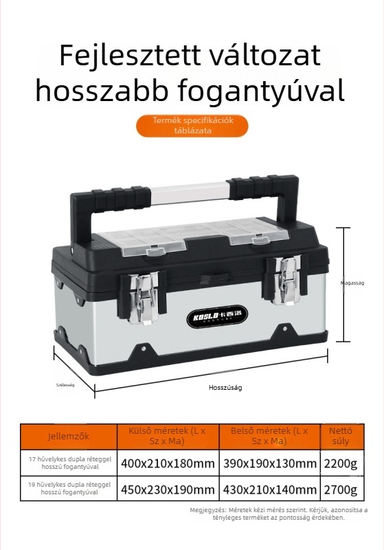Cassiolo kézi szerszámosláda ABS és rozsdamentes acél vázzal, 50 kg teherbírás, többfunkciós tároló doboz