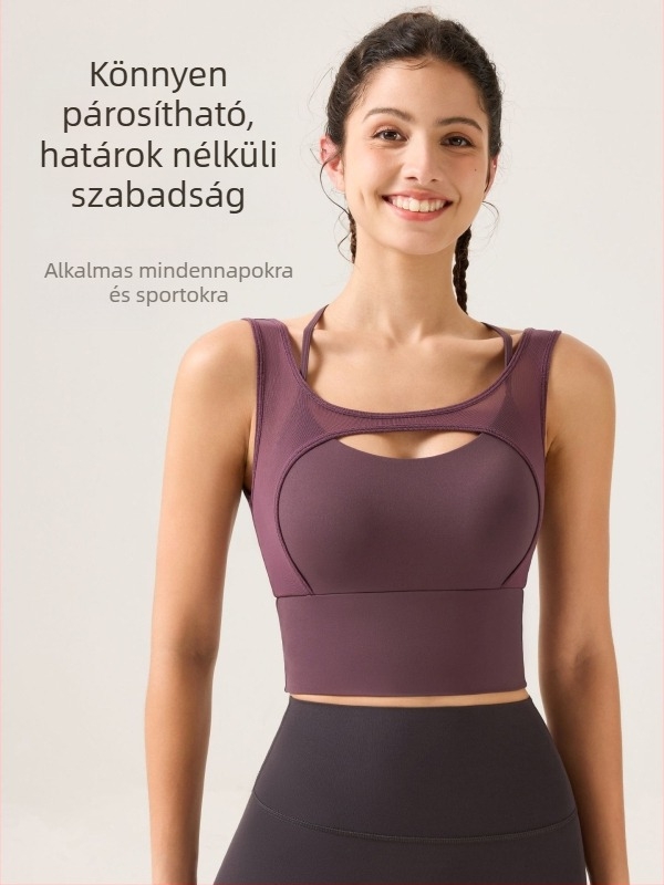 Mélykivágású sportmelltartó, nude érzet, hálós anyag, keresztezett hátsó rész, nedvességelvezető anyag, 81% nylon + 19% spandex, fix kosár