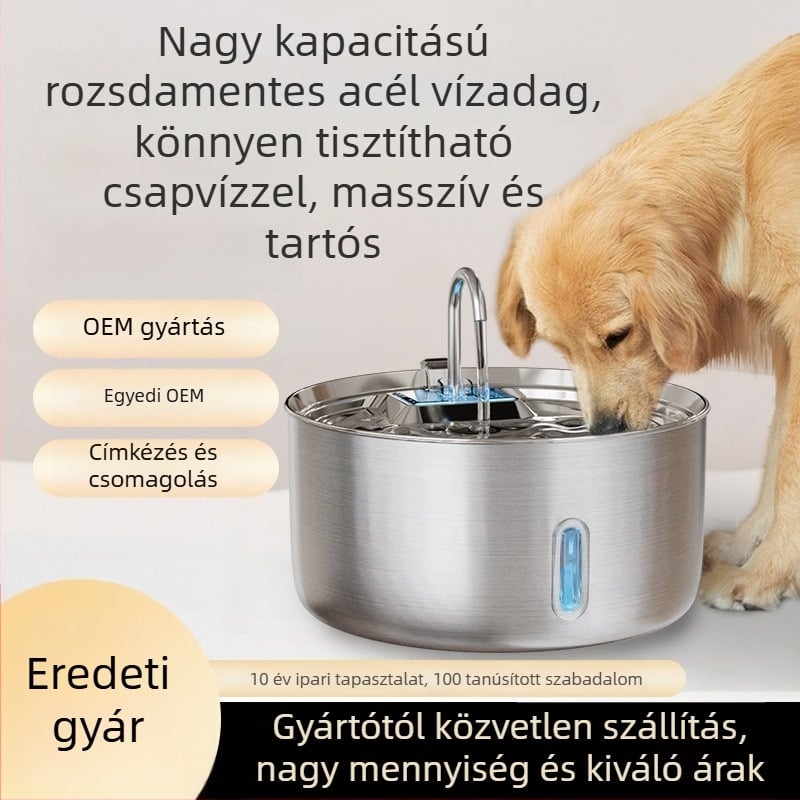 Automata vízadagoló macskák és kutyák számára, szűrési és keringési rendszerrel, rozsdamentes acél, hálózati tápegység