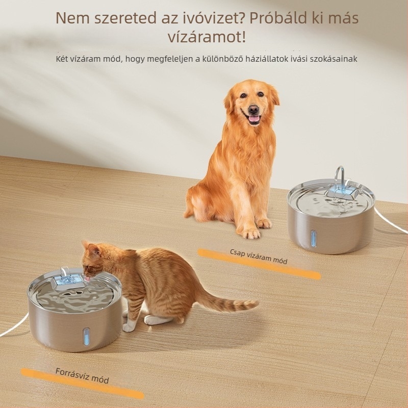 Automata vízadagoló macskák és kutyák számára, szűrési és keringési rendszerrel, rozsdamentes acél, hálózati tápegység