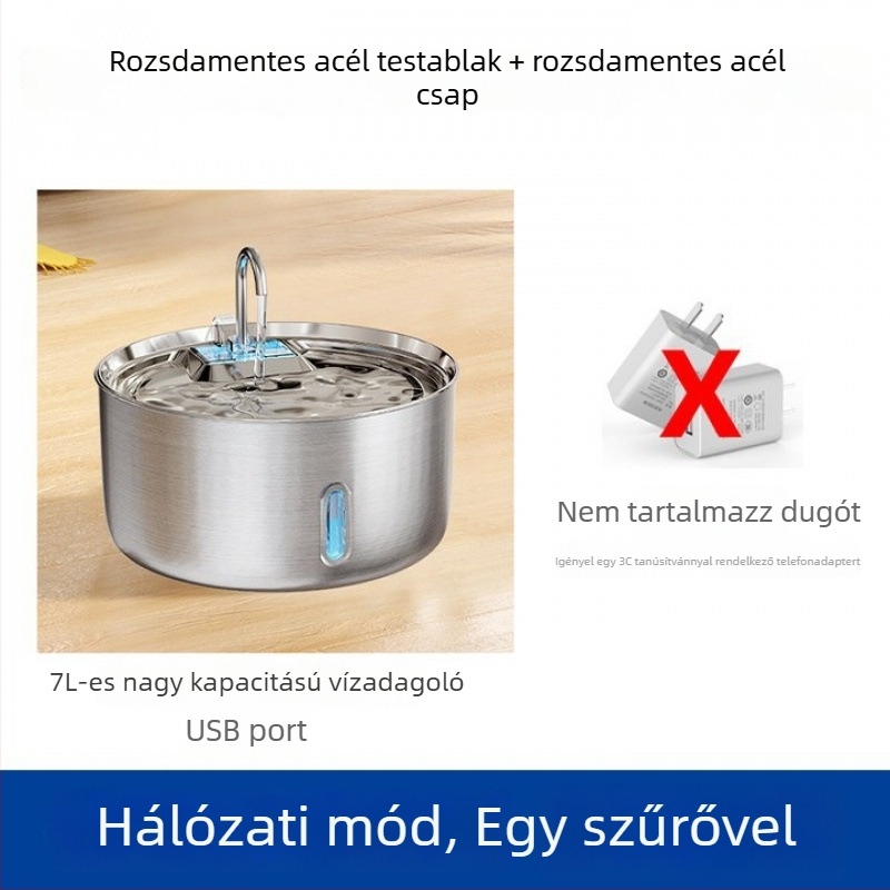 Automata vízadagoló macskák és kutyák számára, szűrési és keringési rendszerrel, rozsdamentes acél, hálózati tápegység