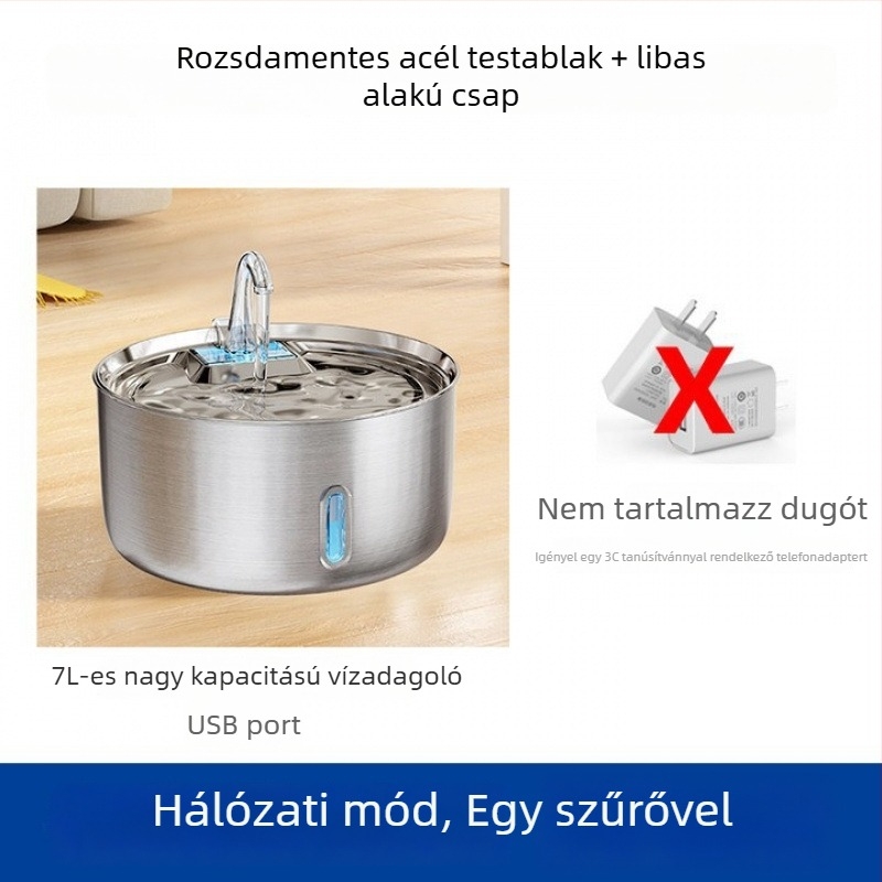 Automata vízadagoló macskák és kutyák számára, szűrési és keringési rendszerrel, rozsdamentes acél, hálózati tápegység