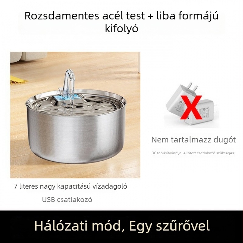 Automata vízadagoló macskák és kutyák számára, szűrési és keringési rendszerrel, rozsdamentes acél, hálózati tápegység