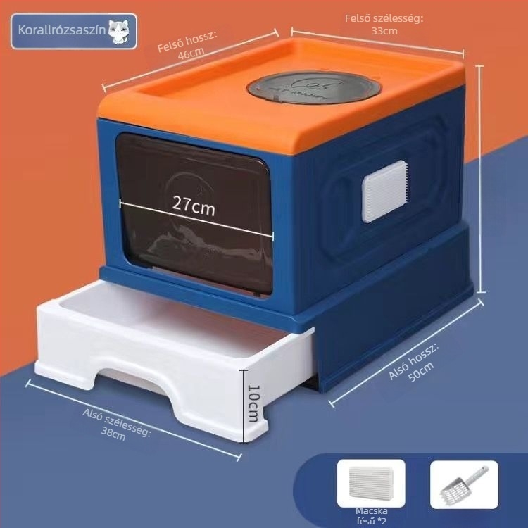 PVC macska WC, teljesen zárt, fröcsenés elleni, szagtalanító, összecsukható felső fiókos dizájn