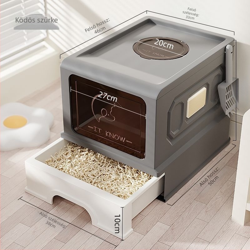 PVC macska WC, teljesen zárt, fröcsenés elleni, szagtalanító, összecsukható felső fiókos dizájn