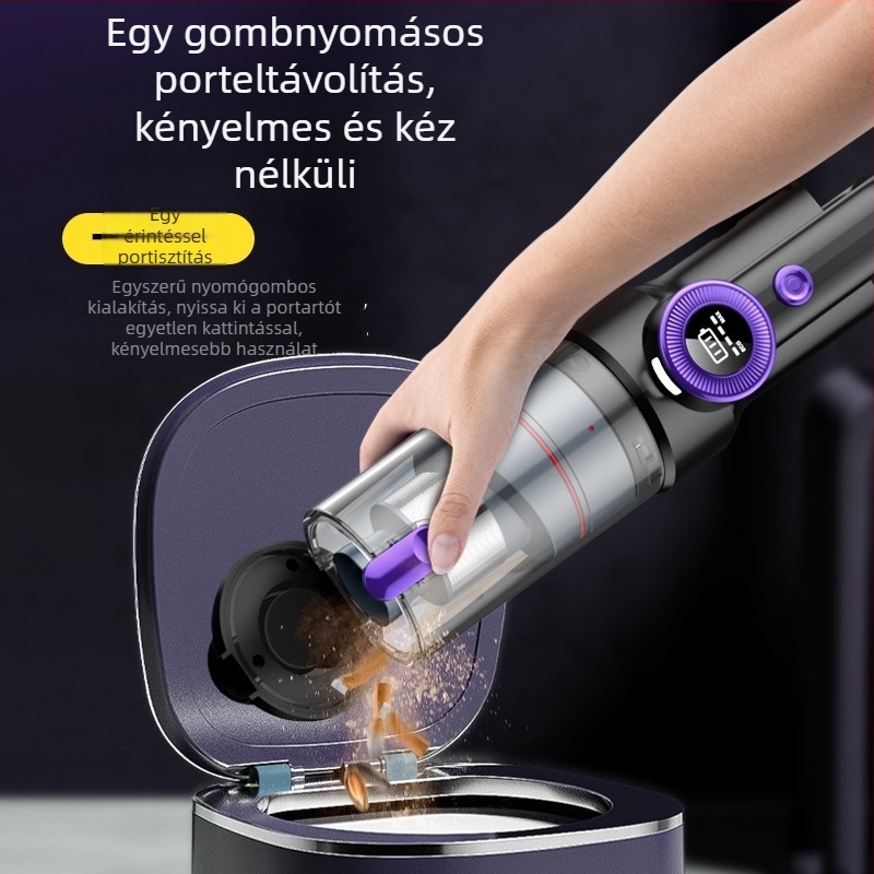 Kompakt vezeték nélküli kézi porszívó autóhoz digitális kijelzővel, brushless motorral, ciklon technológiával (5V-2A; 100 W; 16000 Pa szívóerő; újratölthető)