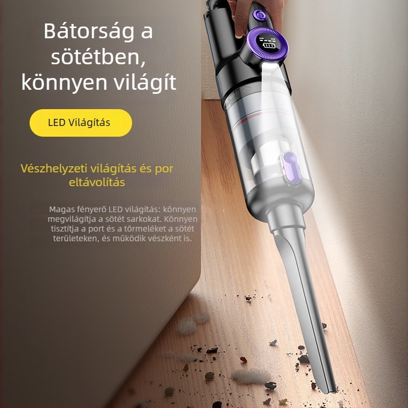 Kompakt vezeték nélküli kézi porszívó autóhoz digitális kijelzővel, brushless motorral, ciklon technológiával (5V-2A; 100 W; 16000 Pa szívóerő; újratölthető)