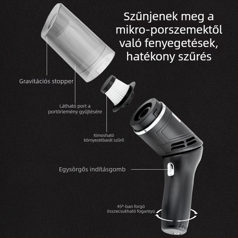Autó belső porszívó — nagy teljesítményű, erős szívóerővel (9V, 75W, 4500Pa, újratölthető)