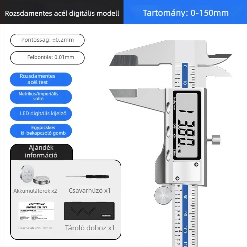 Digitális tolómérő elektronikus kijelzővel, rozsdamentes acélból, 0.01 mm pontosság, professzionális kivitel