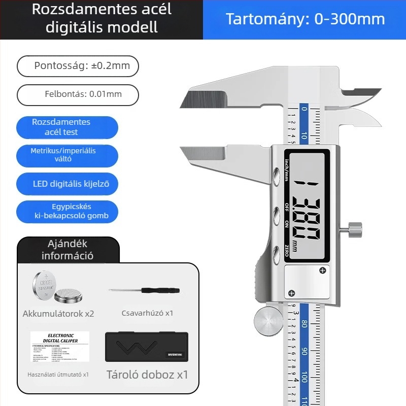 Digitális tolómérő elektronikus kijelzővel, rozsdamentes acélból, 0.01 mm pontosság, professzionális kivitel