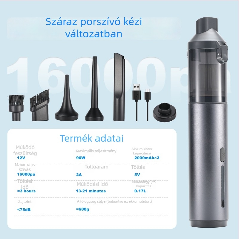 2-in-1 autó porszívó – kézi, vezeték nélküli, újratölthető, 96W, 36V, 16000 Pa szívóerő