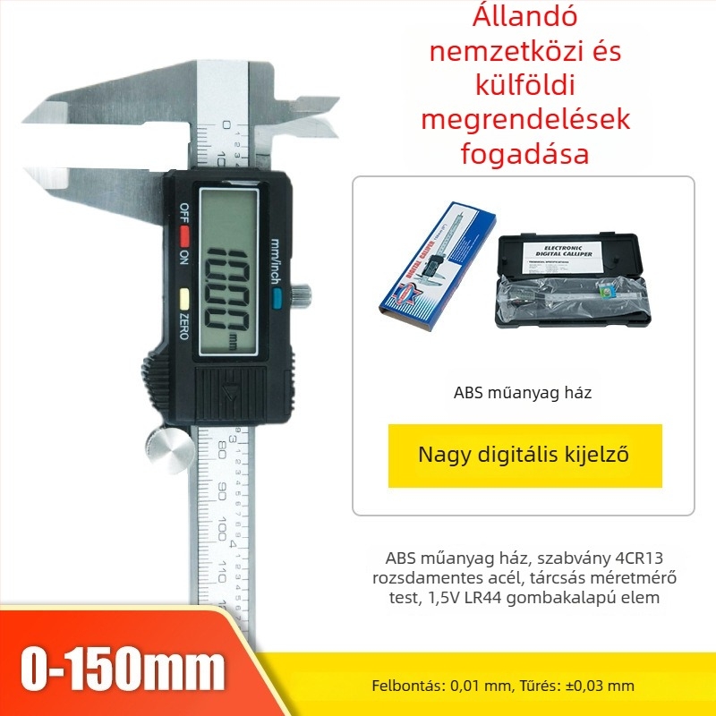 Rozsdamentes acélból készült digitális tolómérő, digitális kijelzővel, ipari precízió