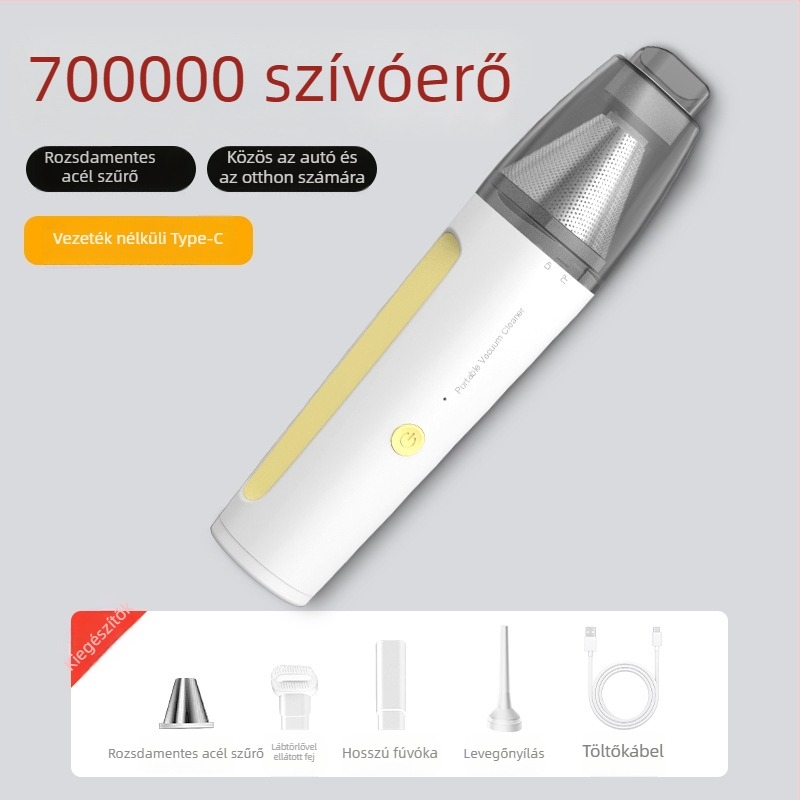 Vezeték nélküli kézi porszívó autóhoz, 50W, 2100–3000 Pa szívás, 36–45 dB zaj, beépített 1000–1600 mAh akkumulátor, száraz típus, porgyűjtő tartály