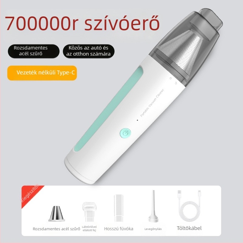 Vezeték nélküli kézi porszívó autóhoz, 50W, 2100–3000 Pa szívás, 36–45 dB zaj, beépített 1000–1600 mAh akkumulátor, száraz típus, porgyűjtő tartály