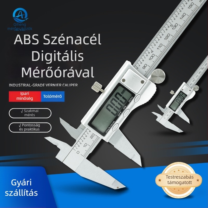 Elektronikus digitális tolómérő (ABS, szénacél), mérési tartomány 0–150 mm, felbontás 0,01 mm, pontosság 0,01 mm