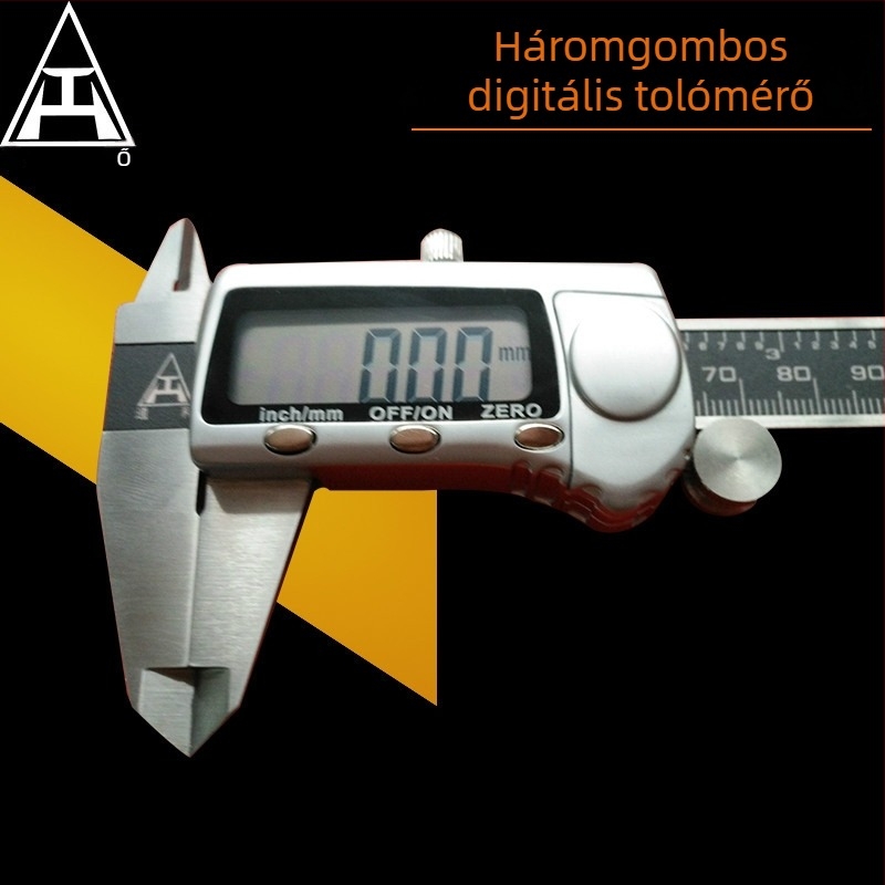 Digitális tolómérő acélból, 0–150 mm-es tartomány, háromgombos működés, elektronikus vernier.