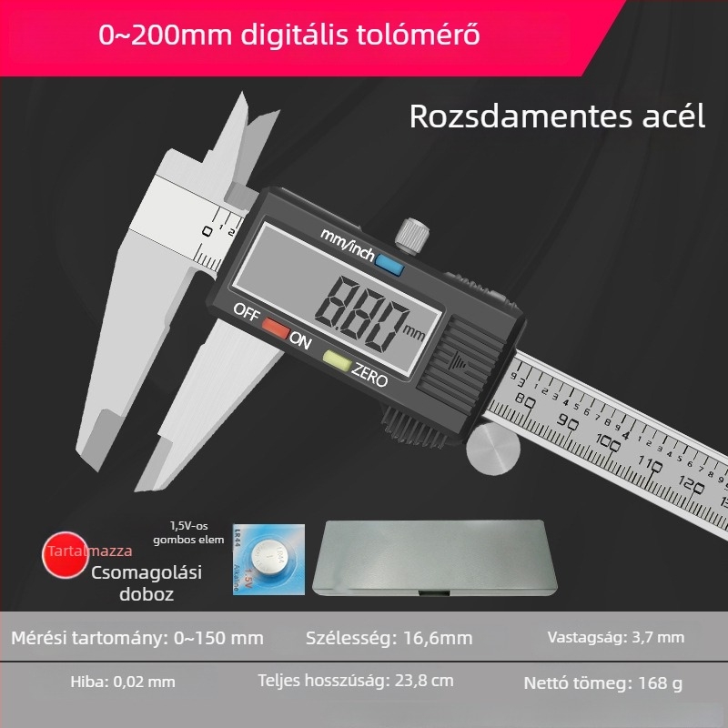 Digitális tolómérő jáde ékszerekhez - nagy pontosságú, elektronikus kijelző, mérési tartomány 0-150-200 mm, Tin hua da