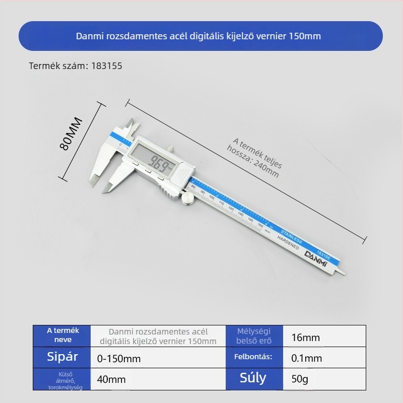 Danmi Digitális Tolómérő Háttérvilágítású Kijelzővel, Rozsdamentes Acél Burkolat