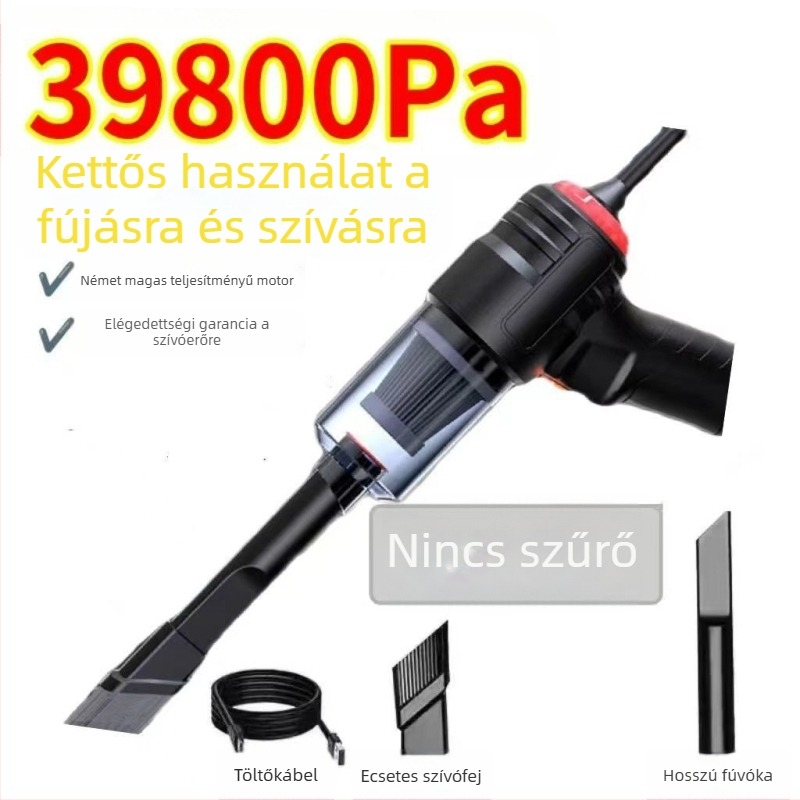 Kézi autó- és háztartási porszívó, tölthető, 90W, 20000Pa szívás, gumiabroncsnyomás mérés