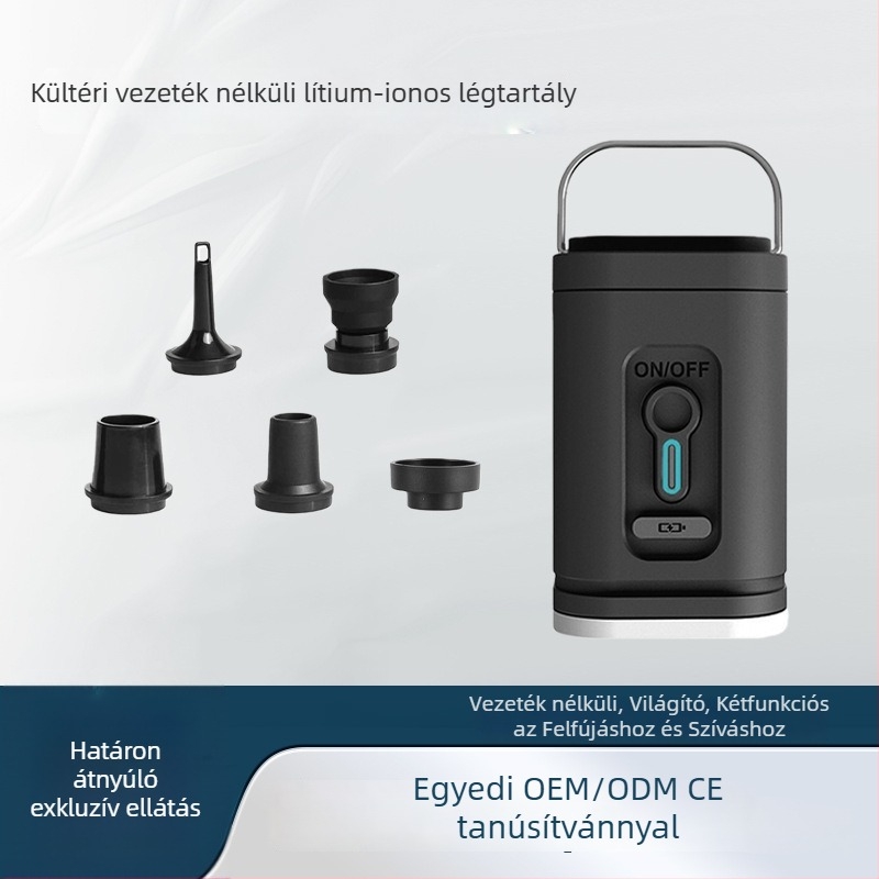 Hordozható 12V DC autó légpumpa lítiumakkumulátorral, 70 L/perc, Digitális kijelző, 20+ perc üzemidő