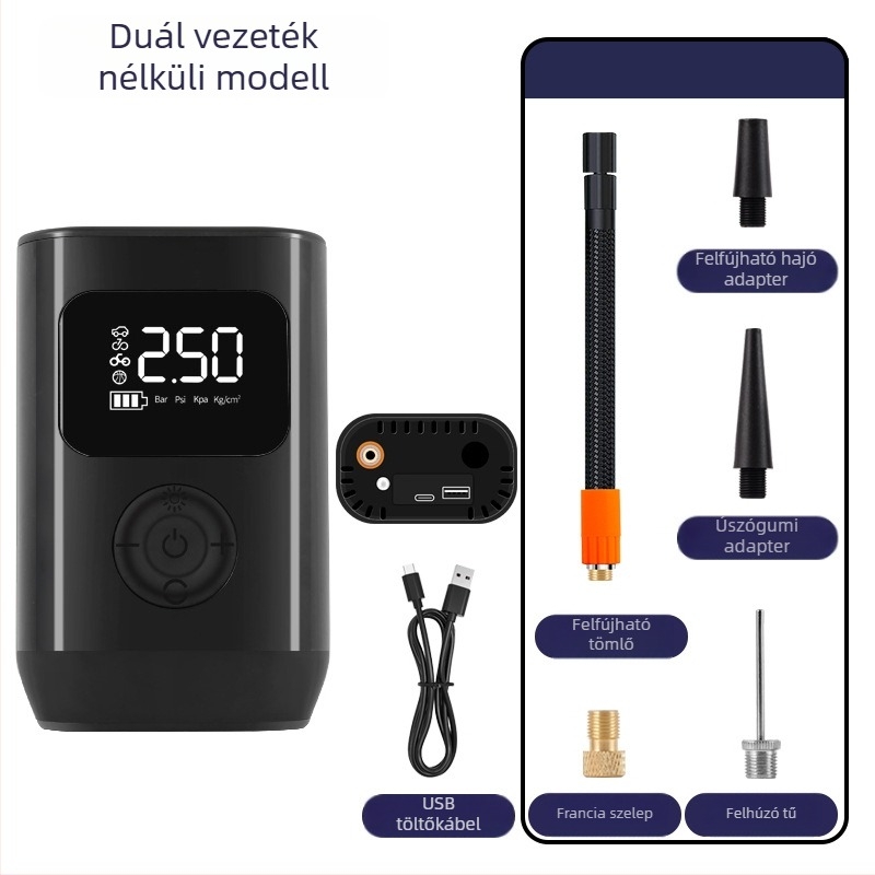 Autóba szerelhető vezeték nélküli levegőpumpa digitális kijelzővel, hordozható, többfunkciós vészpumpa elektromos járművekhez