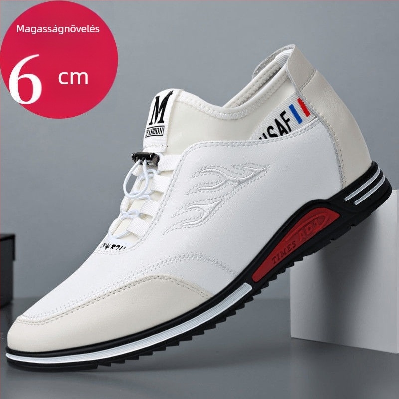 Férfi mindennapi edzőcipő belső magasítóval 3-5 cm, bőr felsőrész, lélegző gumitalp