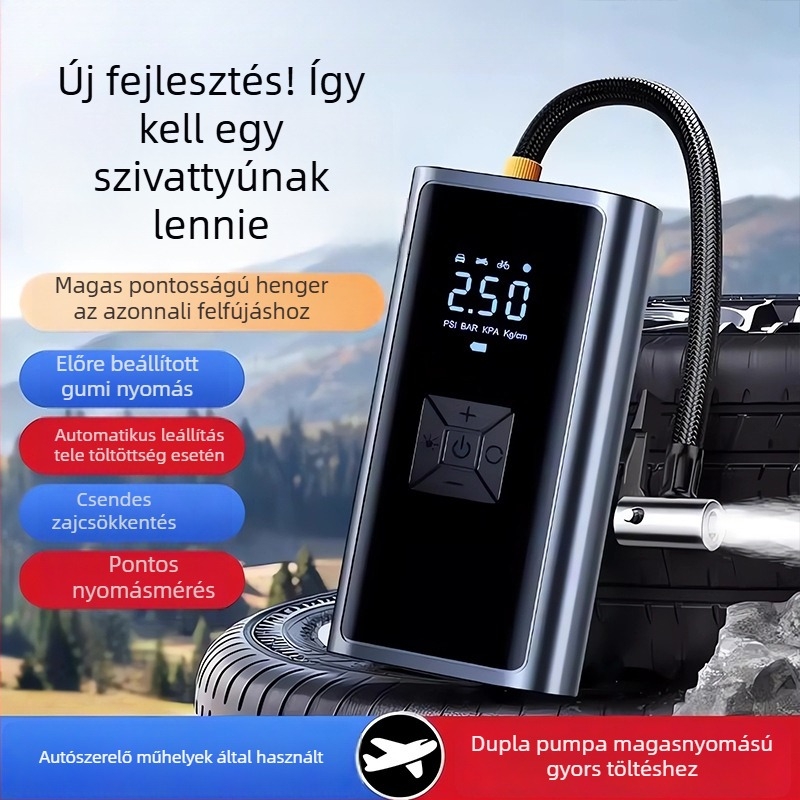 Vezeték nélküli, újratölthető, magasnyomású elektromos légpumpa motorkerékpár- és autógumikhoz LCD kijelzővel