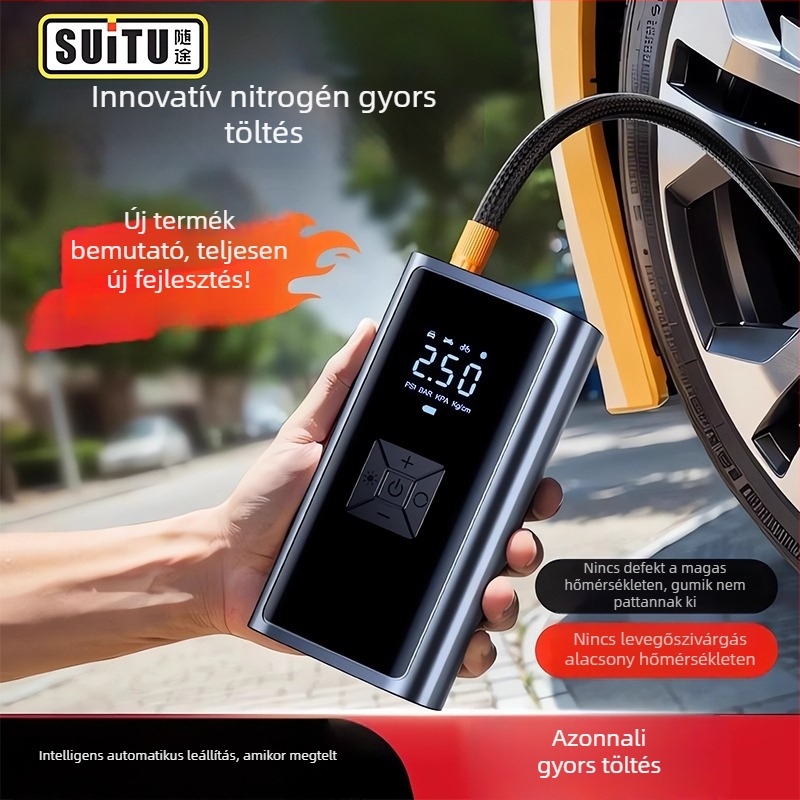 Vezeték nélküli, újratölthető, magasnyomású elektromos légpumpa motorkerékpár- és autógumikhoz LCD kijelzővel