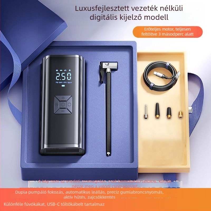 Vezeték nélküli, újratölthető, magasnyomású elektromos légpumpa motorkerékpár- és autógumikhoz LCD kijelzővel