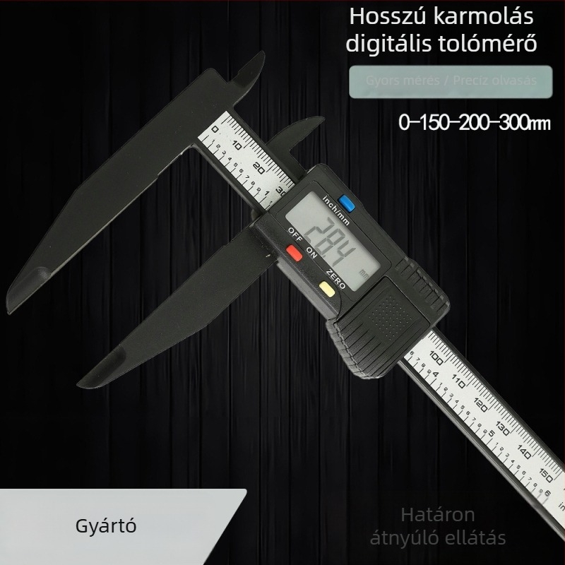 Digitális tolómérő hosszú állkapcsokkal, belső és külső átmérő mérésére, tartomány 0–150/200/300 mm, MAKLE, digitális kijelző