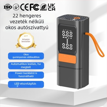 Autó légpumpa automatikus leállítással a beállított nyomáson, guminyomás-ellenőrzés, világítás, digitális kijelző, USB töltés