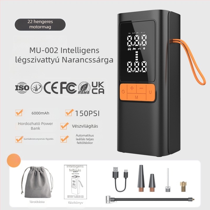 Autó légpumpa automatikus leállítással a beállított nyomáson, guminyomás-ellenőrzés, világítás, digitális kijelző, USB töltés