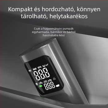 Két kijelzős digitális hordozható autó- és kerékpár légpumpa, vezetékes és vezeték nélküli üzemmóddal, 100W, 11,1V, 30 L/min, USB töltés / cigarettagyújtó