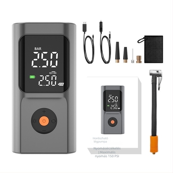 Két kijelzős digitális hordozható autó- és kerékpár légpumpa, vezetékes és vezeték nélküli üzemmóddal, 100W, 11,1V, 30 L/min, USB töltés / cigarettagyújtó