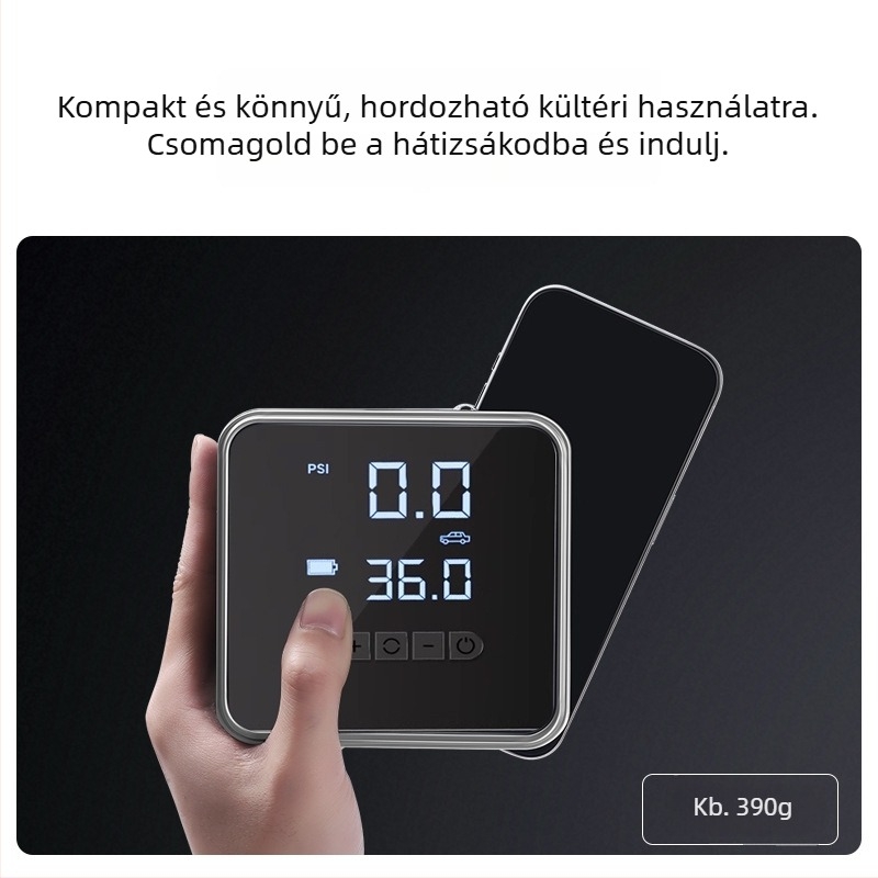 Hordozható autóinflátor automatikus leállítással, vezeték nélküli, digitális kijelző — 12V, 25 L/min