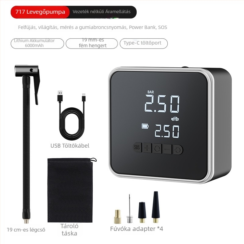 Hordozható autóinflátor automatikus leállítással, vezeték nélküli, digitális kijelző — 12V, 25 L/min