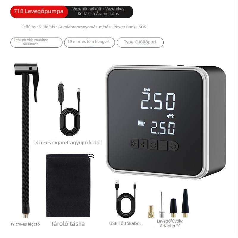 Hordozható autóinflátor automatikus leállítással, vezeték nélküli, digitális kijelző — 12V, 25 L/min