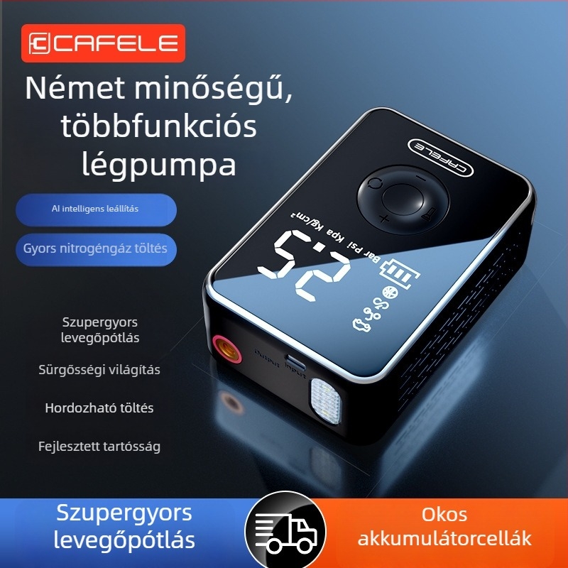 Autóba szerelt intelligens légpumpa digitális kijelzővel, vezeték nélküli, 12V, 120W, 40 L/perc, újratölthető