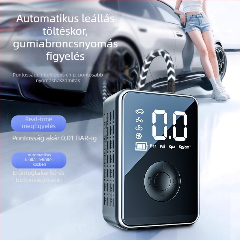 Autóba szerelt intelligens légpumpa digitális kijelzővel, vezeték nélküli, 12V, 120W, 40 L/perc, újratölthető