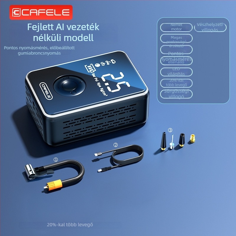 Autóba szerelt intelligens légpumpa digitális kijelzővel, vezeték nélküli, 12V, 120W, 40 L/perc, újratölthető