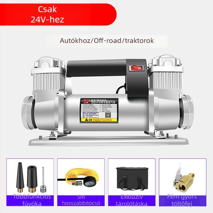 Giant Wood kéthengeres autó légpumpa, 12V, 280W+, teljes fém kivitel, 5 m tömlő, manométer