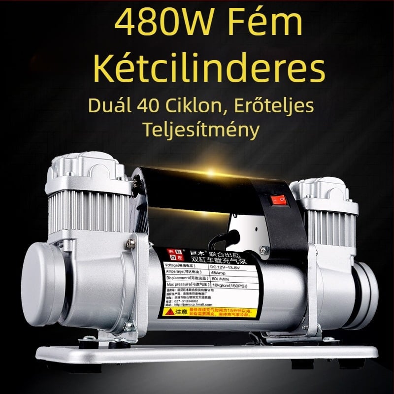 Giant Wood kéthengeres autó légpumpa, 12V, 280W+, teljes fém kivitel, 5 m tömlő, manométer