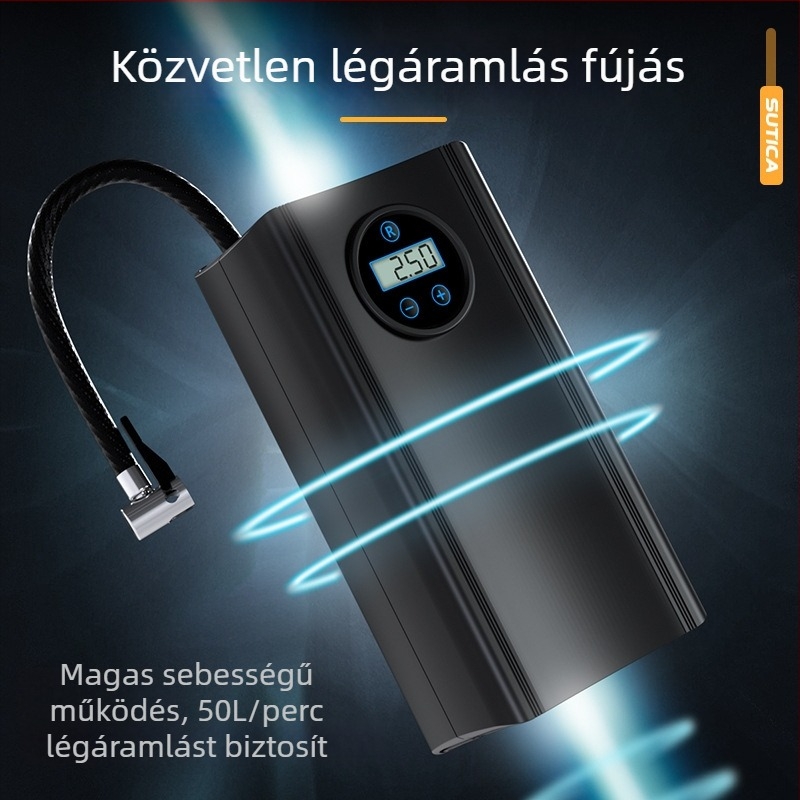 Autó inflátor digitális kijelzővel, gumi nyomásmérővel, 12V működés, 120W teljesítmény, 25 L/perc áramlás